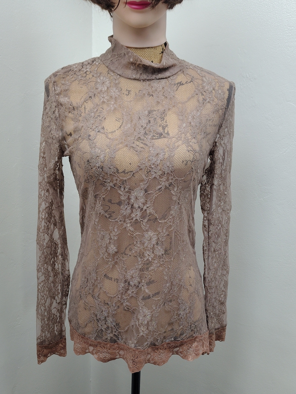 Forever 21 Blouse Sheer Taupe Lace Mock Neck Womens Long Sleeve Top Size Large